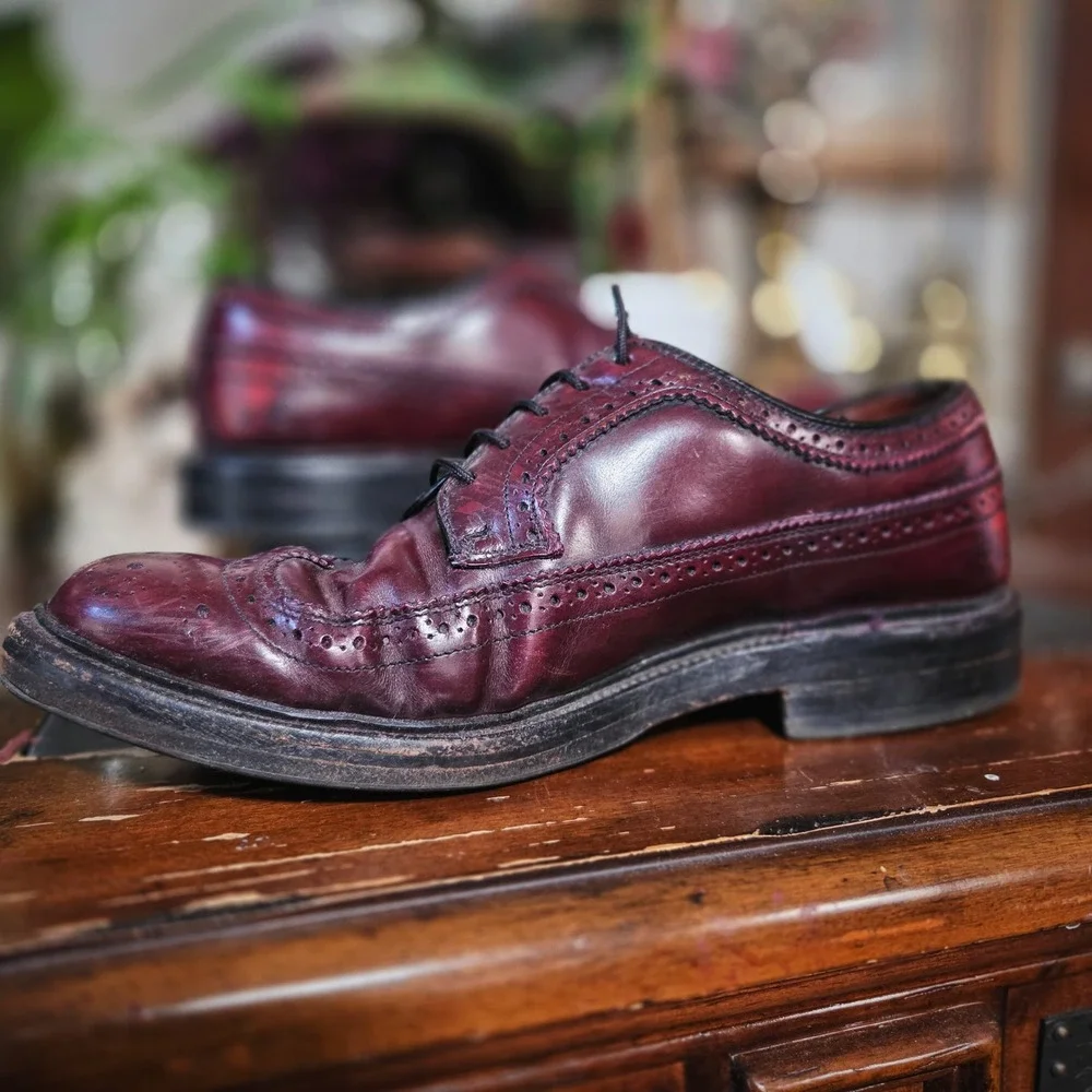 Vintage 80s Mens Burgundy Leather Wingtip‎ Brogue Oxford Dress Shoes
